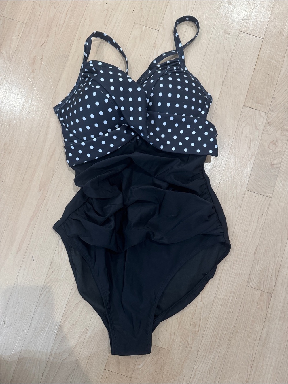 Black & White Polka Dot One-Piece Swimsuit with Ruching